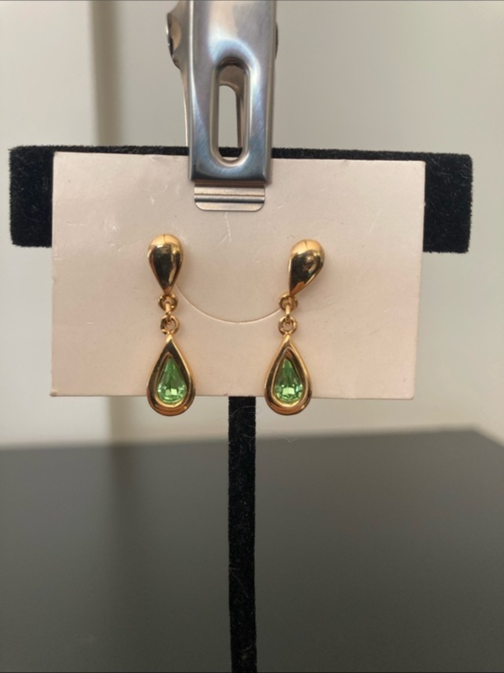 Gold Teardrop Earrings with Green Gemstone